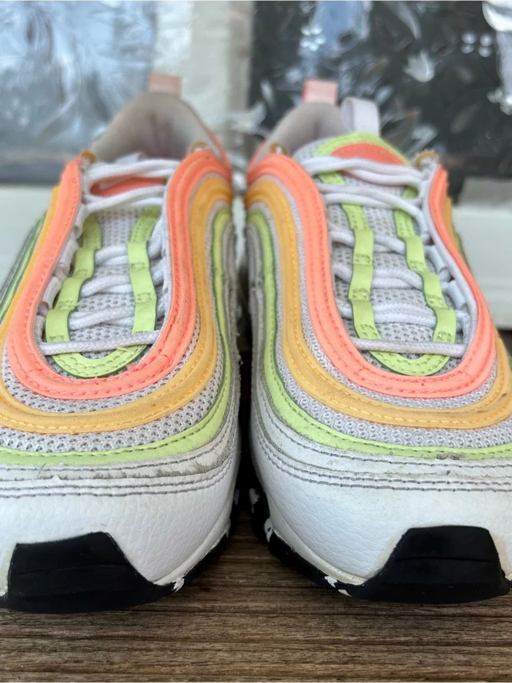 Nike Women's White Sneakers with Coral, Yellow & Lime Accents 5.5
